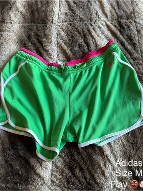 adidas Women's Green Athletic Shorts with Pink Waistband